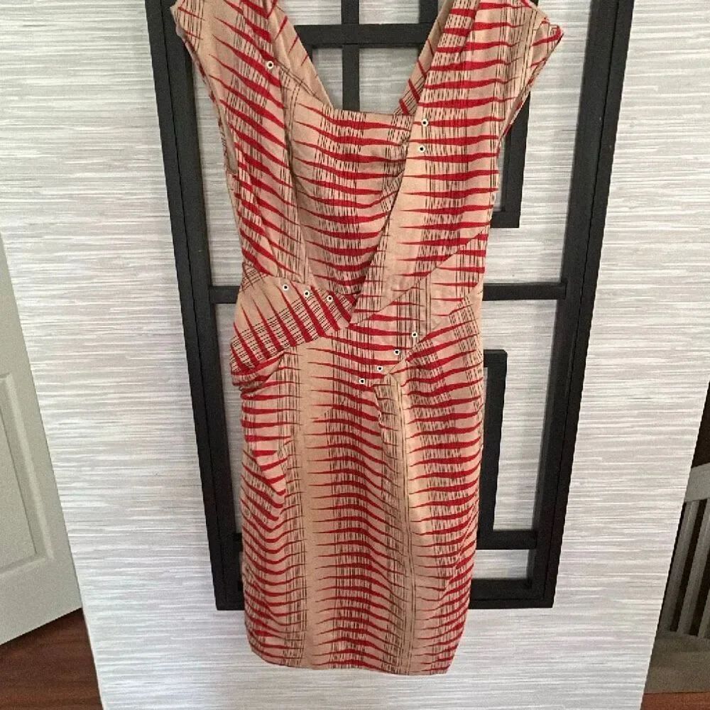 Thakoon Beige and red fitted cap sleeve dress size S